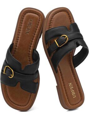 Women's Black Brown Square Toe Flat Sandals Slides Dressy Comfortable for Casual